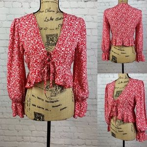 SHEIN Red Floral Ruffled Front Ties Crop Top